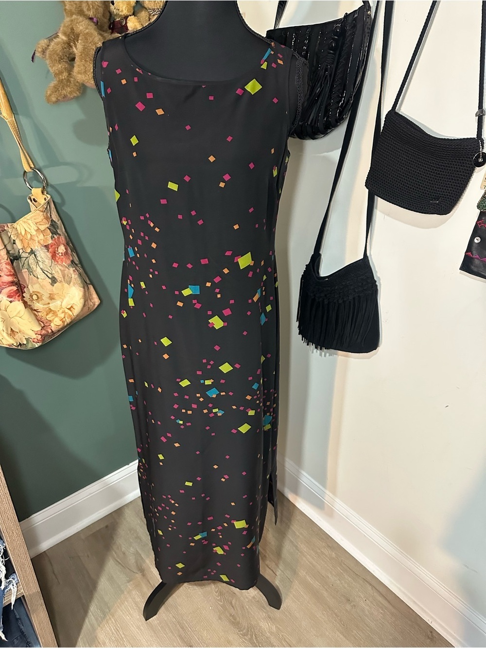 Vintage 90s City Silk Petite Maxi Dress 100% Silk Geometric Print Size 4P